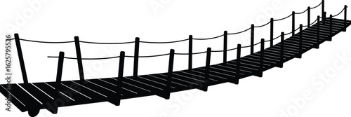 Silhouette of wooden hanging bridge, suspension footbridge over gap, rustic rope bridge design, adventure crossing path, traditional wood planks, jungle trekking bridge graphic