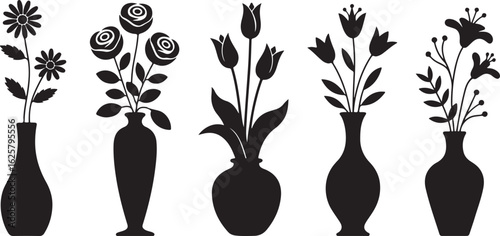 Five black silhouette flower arrangements in vases