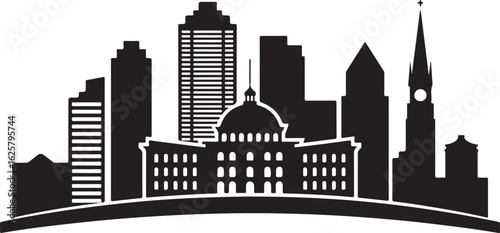 Cityscape silhouette featuring a dome building and tall skyscrapers