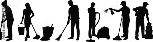Silhouettes of cleaning workers, janitors with tools, people mopping, vacuuming, dusting, carrying supplies, sanitation staff, cleaning team in action, housekeeping, indoor maintenance illustration