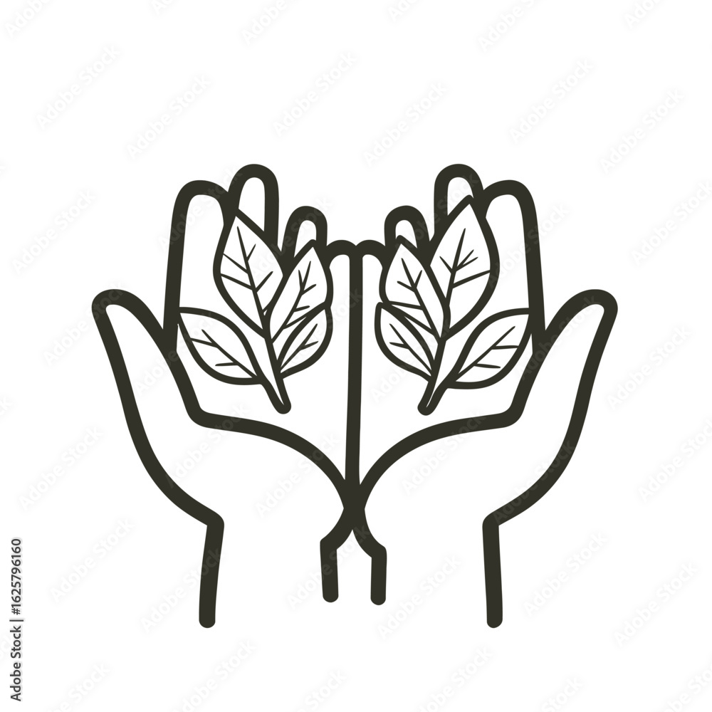 Obraz premium Hands Holding Leaves on Transparent Background, Nature, Ecology, Line art