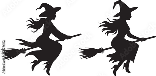Two silhouette witches flying on brooms against a white background