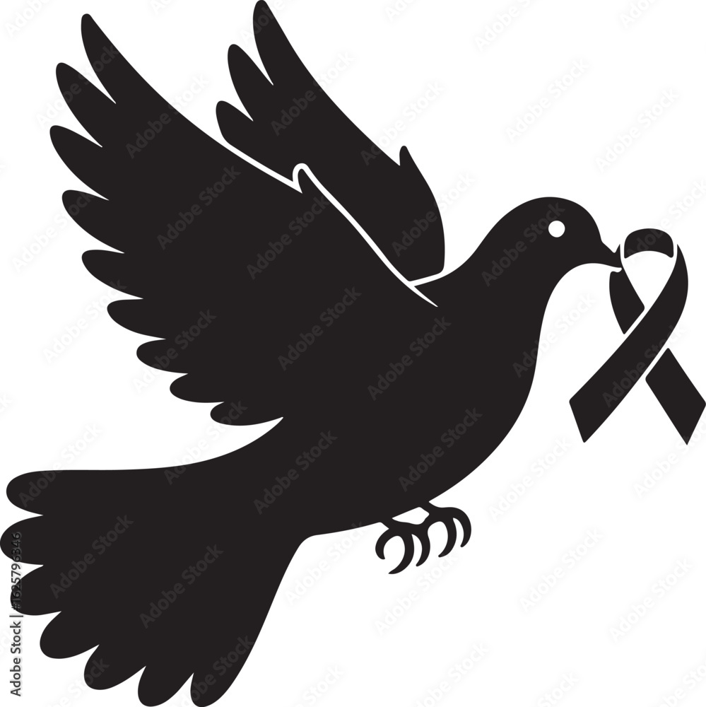 Fototapeta premium Black silhouette of a dove carrying a ribbon in its beak