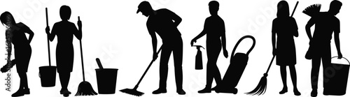 Silhouettes of cleaners with tools, people cleaning floor, mopping, vacuuming, carrying buckets, dusting, sanitation workers, professional housekeeping staff, janitor team maintenance concept