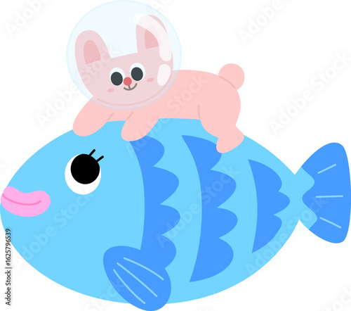 바닷속_물고기_타는_핑크_토끼_캐릭터