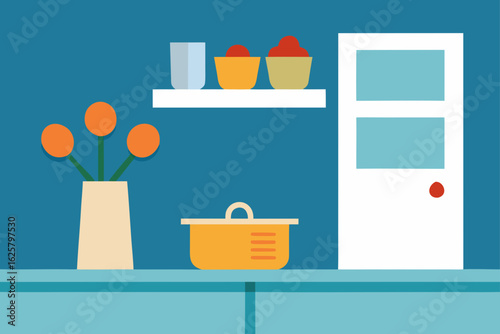 Kitchen With Fresh Flowers In A Glass Vase And Fr
