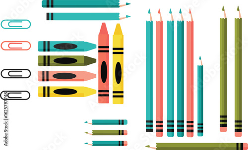 Colorful school supplies arrangement, pencils, crayons, paper clips, stationery, vibrant education tools, classroom essentials, creative art materials, top view