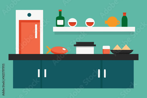Sleek Kitchen Counter With Fresh Sushi Ingredients Display
