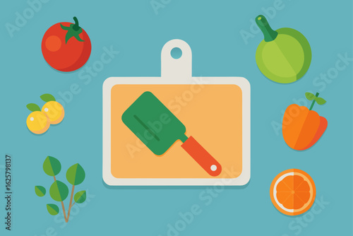 Top View Of Kitchen Counter With Cutting Board And Knife