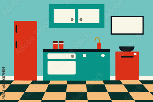 Vintage Kitchen With Checkered Floor And Retro Appliances