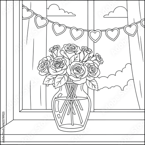 Romantic Rose Bouquet in Glass Vase on Windowsill with Heart Garland – Black and White Line Art for Coloring and Decoration