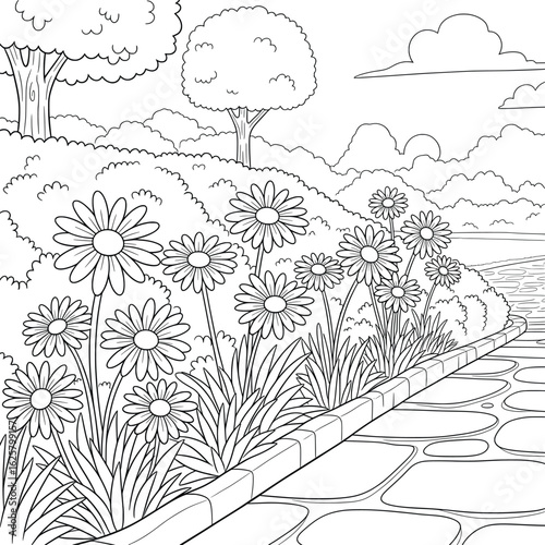 Daisy Flowers Blooming Along Garden Stone Pathway in Scenic Landscape – Black and White Line Art Coloring Page