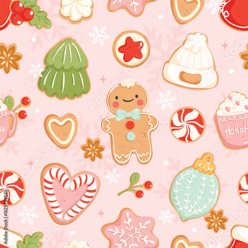 Cute Christmas Cookie Seamless Pattern, Kawaii Gingerbread Holiday Digital Paper, Peppermint Cocoa Cookie Repeat, Pastel Background