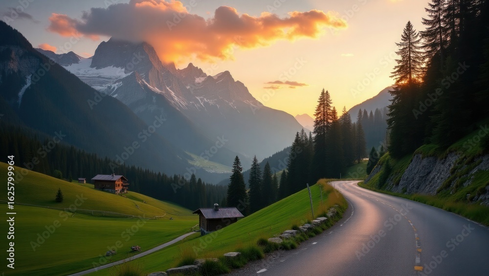 Fototapeta premium Sunset Horizon Across Serene Winding Road in Austrian Alps