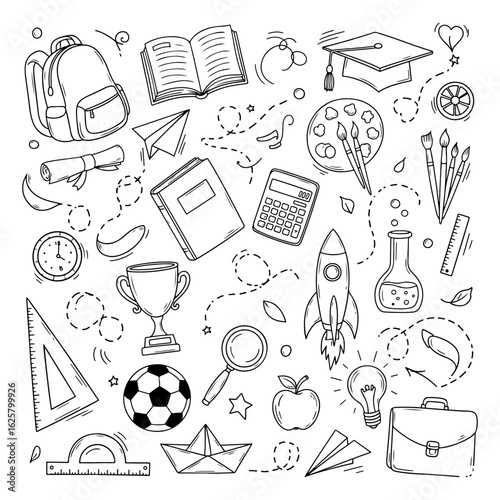 Doodle Illustration of School and Education Related Items hand drawn backpack