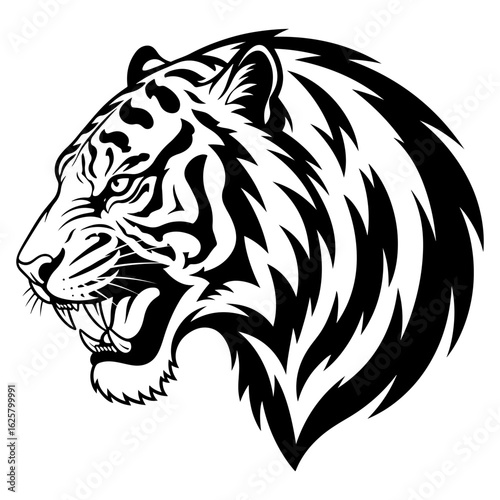 Fierce Black Silhouette of a Tiger Head Roaring in Profile on White animal black and white