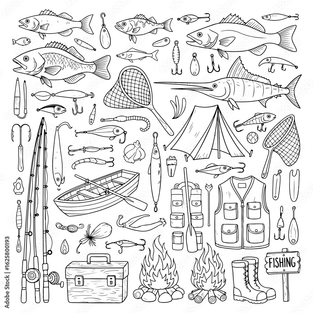 Fototapeta premium Hand Drawn Fishing Equipment and Outdoor Gear Collection reel tackle