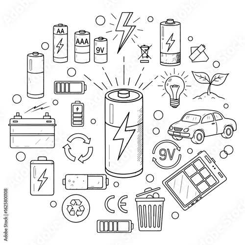 Hand Drawn Circle of Battery and Energy Related Icons on White Background power electricity
