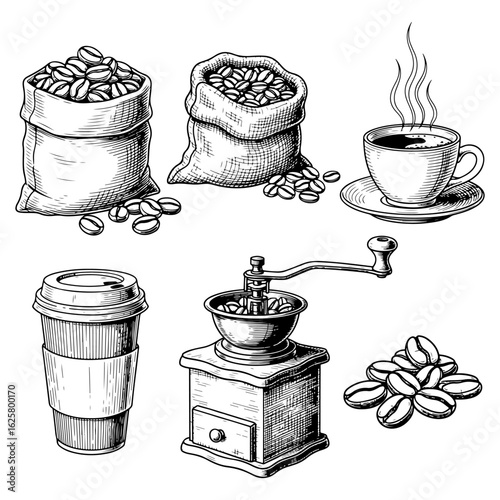 Hand Drawn Coffee Beans, Grinder, Cup and Takeaway Cup burlap sack coffee grinder
