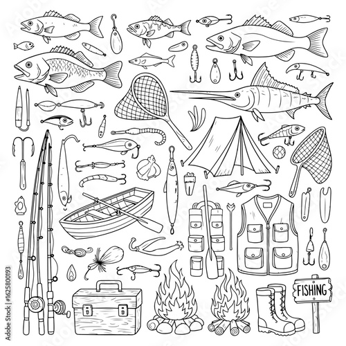Hand Drawn Fishing Equipment and Outdoor Gear Collection reel tackle