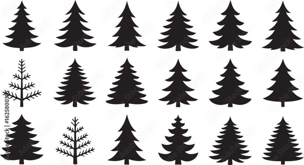 Obraz premium Collection of black silhouette christmas trees in various styles