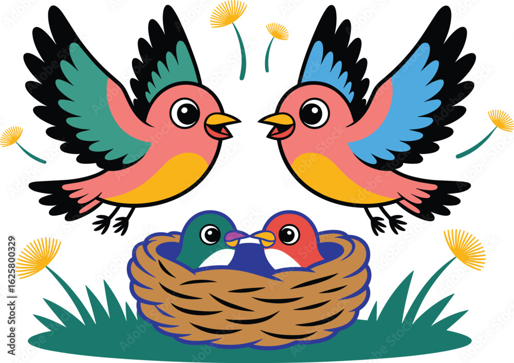 Naklejka premium Two birds feeding chicks in a nest his baby