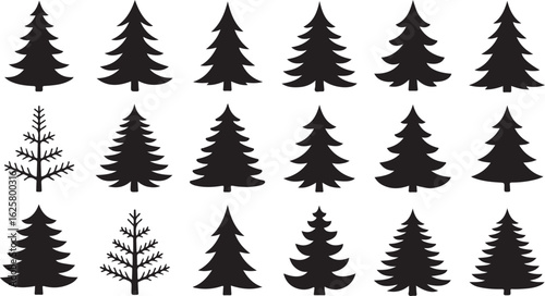 Collection of black silhouette christmas trees in various styles