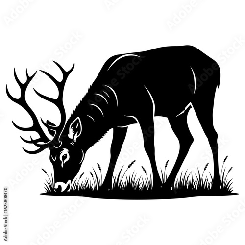 Silhouette of a Stag Deer Grazing in Tall Grass vector illustration