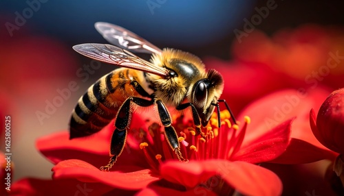 Bee pollinating red flower closeup.