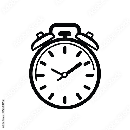 Minimalist Black and White Illustration of a Traditional Alarm Clock Depicting the Time