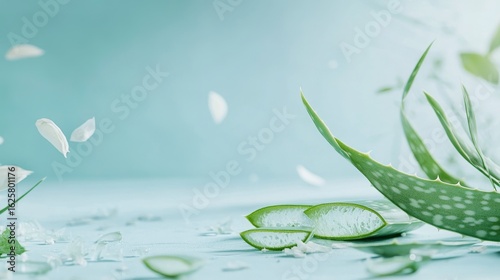 Fresh aloe vera leaves and cut pieces are on a white table with a light blue background. Aloe vera is good for your health and skin.
