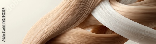 3D render of clipin extensions in chocolate brown, arranged in an artistic spiral, glowing softly against a neutral backdrop