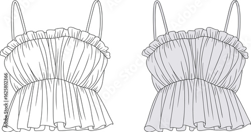 CAD drawing flat vector illustration, garments dress, ruched ruffle cami top front and back, fashion design, sewing pattern sketch