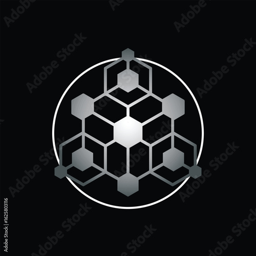 The image shows an abstract geometrical logo of connected hexagonal shape inside a circle. It looks clean and modern on a black background and can be used for crypto logo. 
