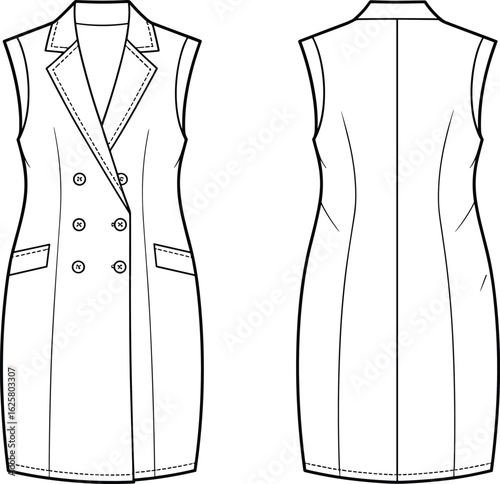 CAD drawing flat vector illustration, women’s sleeveless long blazer dress design, tailored fashion garment, dress, garments cloth, formalwear template