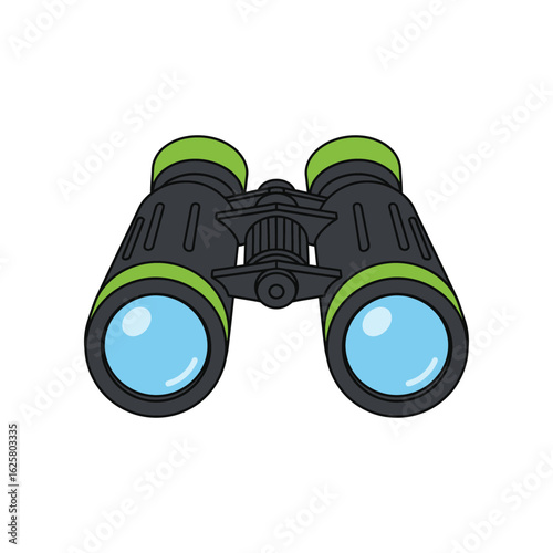Cartoon illustration of black binoculars with bright green accents and blue lenses on a white background