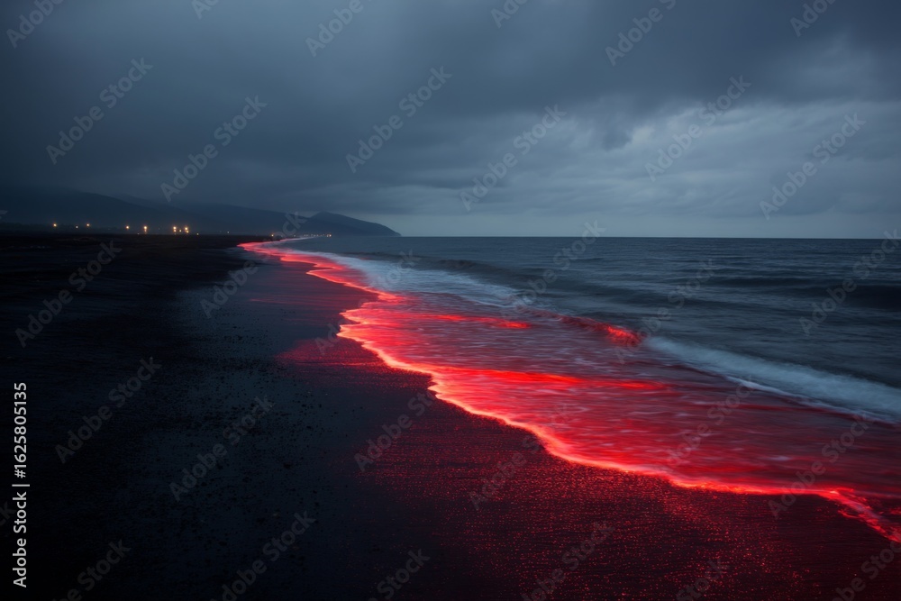 Fototapeta premium Glowing Red Waves on Dark Beach Under Dramatic Cloudy Sky at Dusk