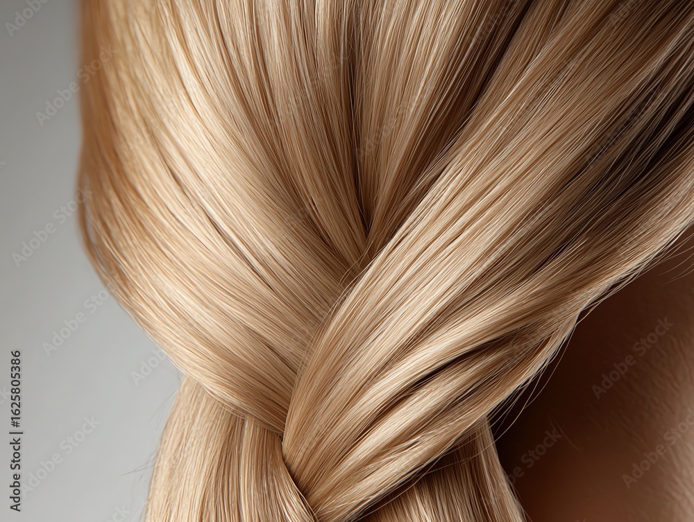 Closeup of braided ponytail extensions, detailed textures highlighted with warm directional lighting Closeup of braided ponytail extensions, detailed textures highlighted with warm directional lighting