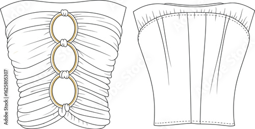 CAD drawing flat vector illustration, garments dress, strapless ruched tube top with triple metal rings, front and back technical 