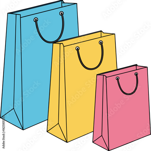 Three brightly colored gift bags are displayed