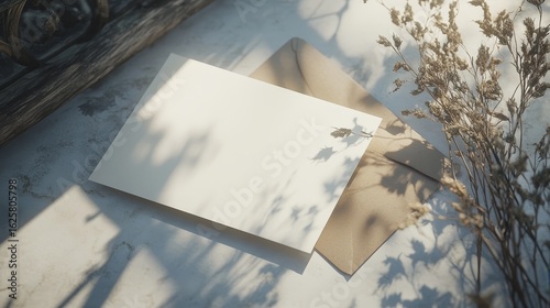 A blank white card sits on a brown envelope, with a dried flower and sunlight. It looks like a sample for a horizontal greeting card. The envelope is on a white surface. Simple and clean design.
