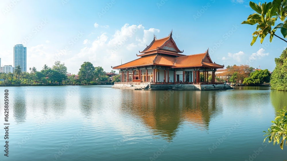 Fototapeta premium A Buddhist temple sits on a lake in central Colombo, Sri Lanka. It's called the Seema Malaka temple. 