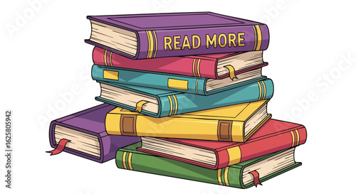 A colorful cartoon illustration featuring a stack of books. The top book displays 'READ MORE', perfect for promoting reading and education