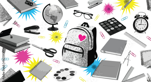 A fun, vibrant school supplies pattern with a backpack, books, and other school-related items creates a back-to-school mood. Ideal for education, design, and creative projects with doodled accents