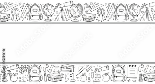 A hand-drawn seamless border displaying essential school supplies and educational items in a charming doodle style. This versatile line art graphic is perfect for back-to-school themes