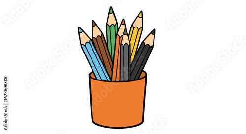 A vibrant cartoon illustration features an orange cup filled with an assortment of colorful school supplies, including various colored pencils