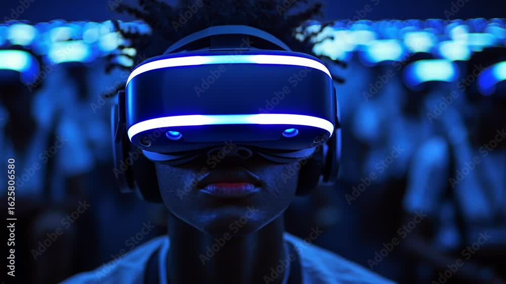 Close-up of an individual fully engaged in a VR experience with glowing headset and a backdrop of similarly equipped participants for virtual reality innovation concept. Close-up of an individual fully engaged in a VR experience with glowing headset and a backdrop of similarly equipped participants for virtual reality innovation concept.