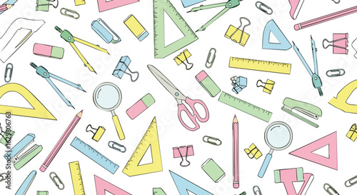 A vibrant seamless pattern featuring colorful school supplies and office items in a cheerful doodle style. This playful background features rulers, pencils, compasses, and erasers