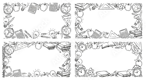 Black and white illustration featuring school supplies, perfect for educational designs. This doodle-style border includes globes, apples, lightbulbs, calculators, and pencils