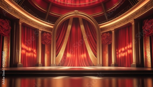 Grand Red and Gold Luxury Theater Stage with Curtains and Staircase. Elegant Broadway Theater Stage with Red Velvet Curtains and Golden Decor. Majestic Opera Stage with Red Curtain Gold Ornament